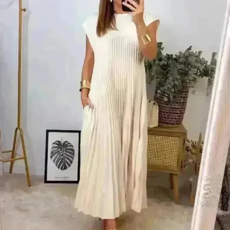 Women Summer Pleated Maxi Dress Casual Short Sleeve Crewneck Flowy Swing Long Dress with Pockets - EX-STOCK CANADA