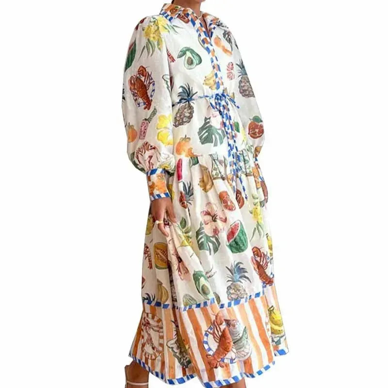 Print Holiday Women Beach Dress With Belts A-Line Long Lantern Sleeve Single Breasted Lapel Seaside Dresses Robe - EX-STOCK CANADA