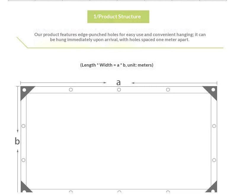 A product structure diagram showing a rectangular hanging frame with corner brackets and edge punch holes, labeled with dimensions a and b in meters, with explanatory text above on a white background.