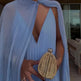 Pleated Chiffon Maxi Dress & Cape Two-piece Set – Light Blue & Red | One Size 2
