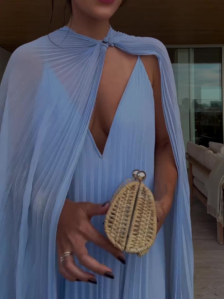 Pleated Chiffon Maxi Dress & Cape Two-piece Set – Light Blue & Red | One Size 2