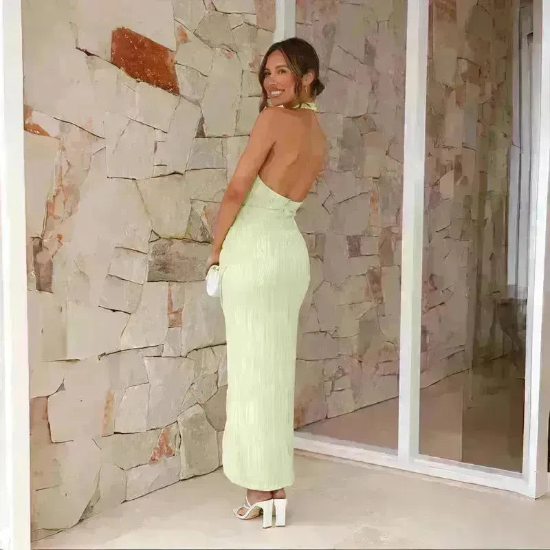 Halter Neck Split Long Dress Summer Slim Fit Backless Dresses Solid Split High neck Long Bodycon  Dress Women's Clothing - EX-STOCK CANADA