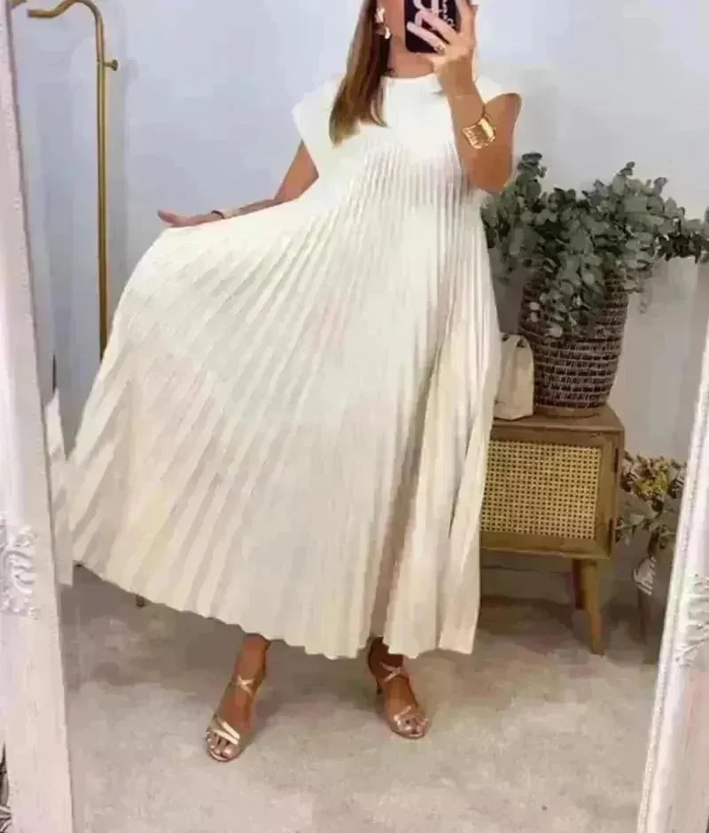 Women Summer Pleated Maxi Dress Casual Short Sleeve Crewneck Flowy Swing Long Dress with Pockets - EX-STOCK CANADA