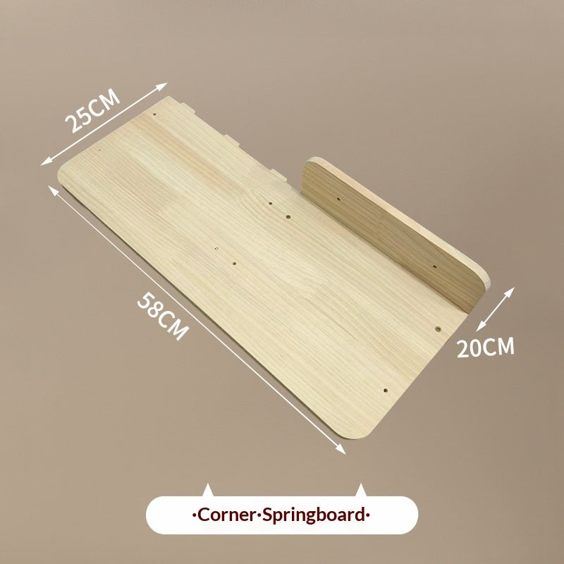 A light natural wood corner springboard shown on a plain beige background with overlaid dimension labels: 25CM width, 58CM length, and 20CM back support. A label at the bottom reads 'Corner-Springboard'.