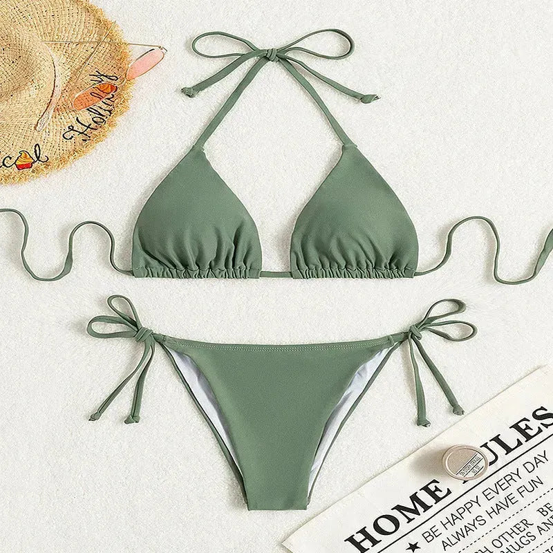 Pure Color Tied Halter Bikini Swimsuit - EX-STOCK CANADA