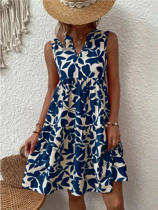 Bohemian Dresses Summer Beach Fashion Loose V-neck Pleated Print Sleeveless Dress For Women - EX-STOCK CANADA