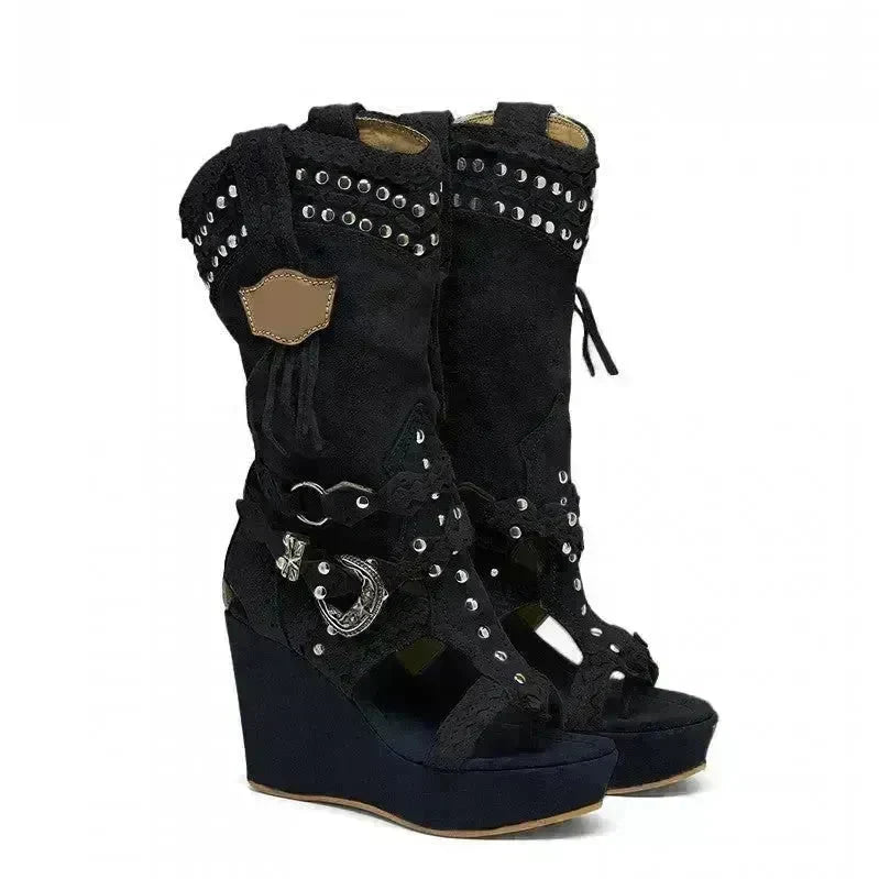 Fashion High Heel Canvas Denim Wedge  Sandals Hollow-out Women's Shoes - EX-STOCK CANADA