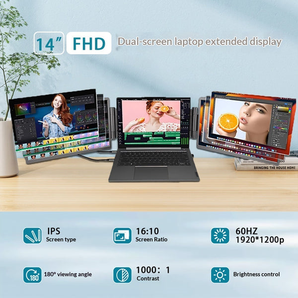 شاشة محمولة مزدوجة 14 بوصة بشاشة IPS ومنفذ USB-C وHDMI للشاشة الخارجية للابتوب