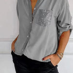Casual Button-down Long Sleeve Shirt With Sequin Pocket Design Fashion Commuter Top Women Clothing - EX-STOCK CANADA