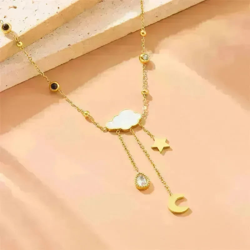 White Shell Cloud Star Moon Long Fringe Water Drop Fashion Necklace - EX-STOCK CANADA