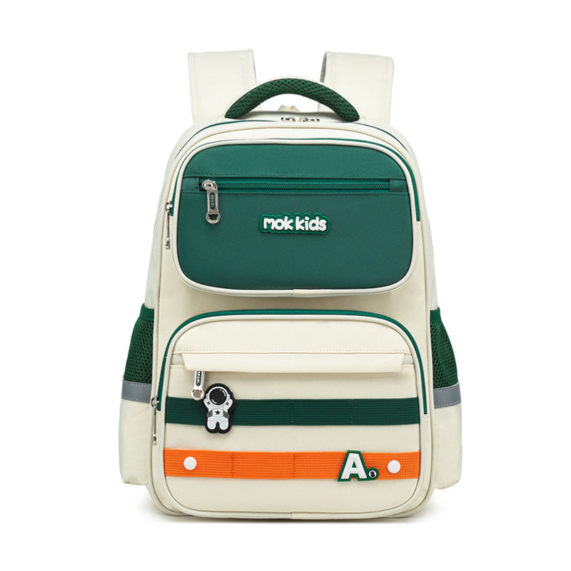 Children's backpack with green and orange accents on a white background