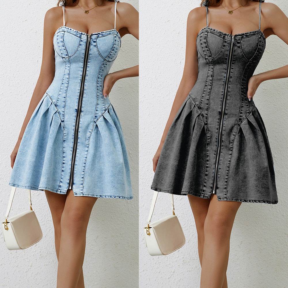 Chic Personality Street Splicing Sling Denim Mini Dress - EX-STOCK Canada