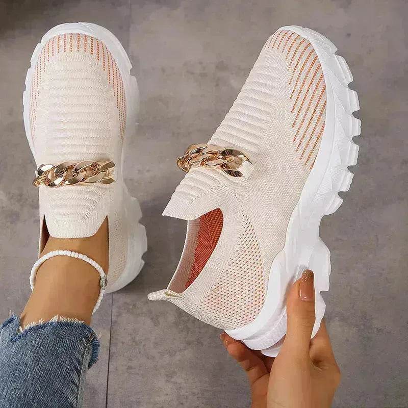 Fashion Chain Design Mesh Shoes For Women Breathable Casual Soft Sole Walking Sock Slip On Flat Chunky Sneakers Shoes for Women - EX-STOCK Canada