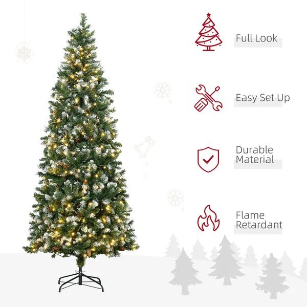 7.5' Decorated Christmas Trees, Skinny Prelit Artificial Christmas Tree With Snow-dipped Branches, Auto Open, Pinecones EX-STOCK Canada 