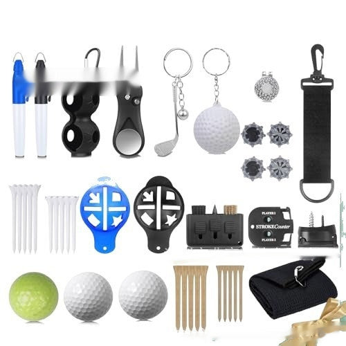 Collection of golf accessories including balls, tees, and tools on a white background