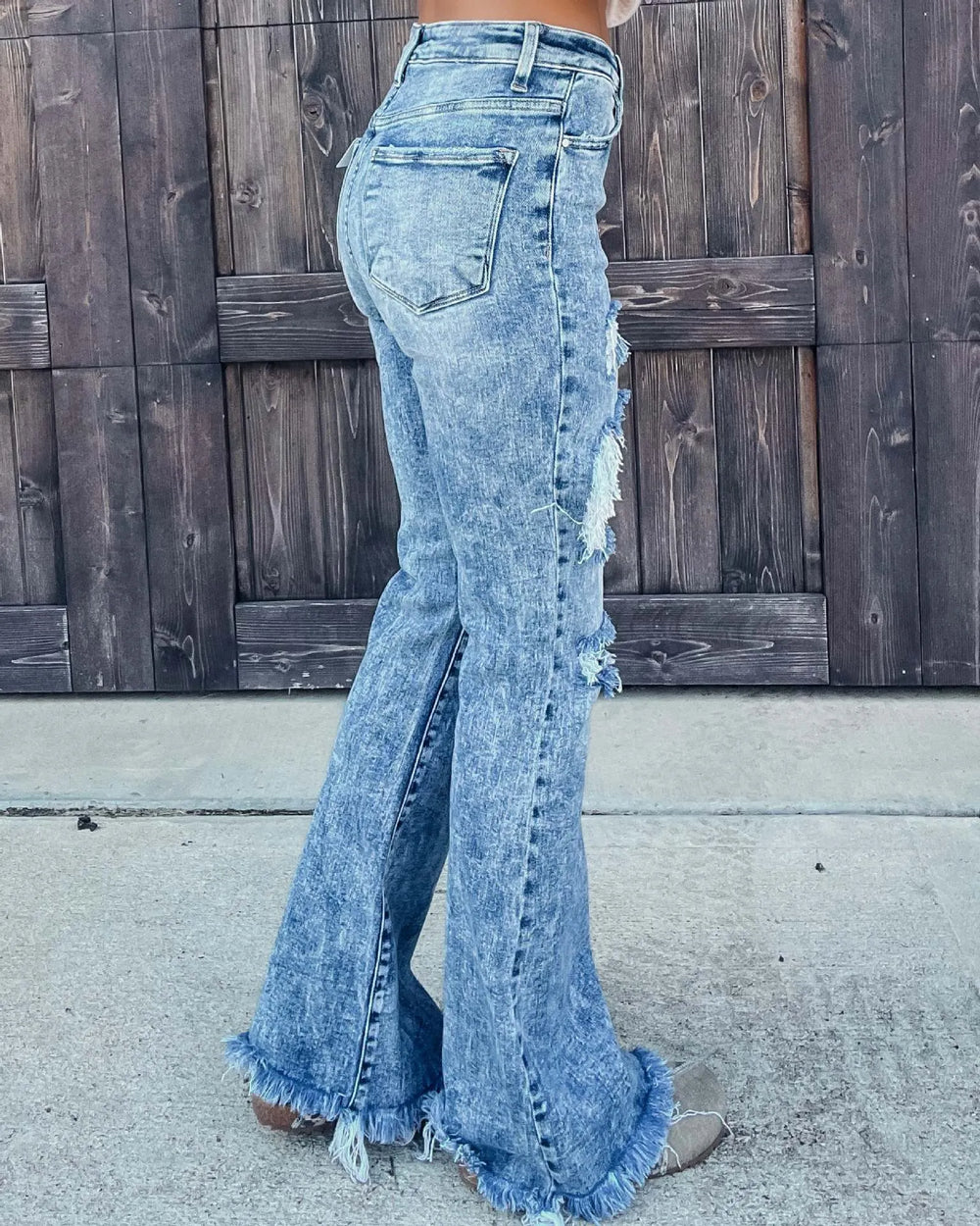 Blue Denim Ripped Flare Jeans pant for Women Raw Hem Pant - EX-STOCK CANADA