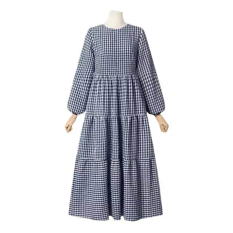 Middle East Plaid Long Sleeve Elastic Sleeve Round Neck Loose Waist Casual Dress Checked Casual dress for Arabfor Women - EX-STOCK Canada