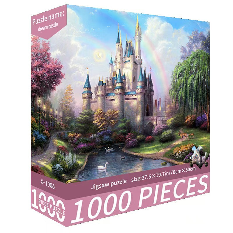 Jigsaw puzzle box with a castle and garden design on the cover