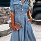 Women's Lapel Breasted Slim-fit Slimming Temperament Blue Denim Midi Skater Dress - EX-STOCK Canada