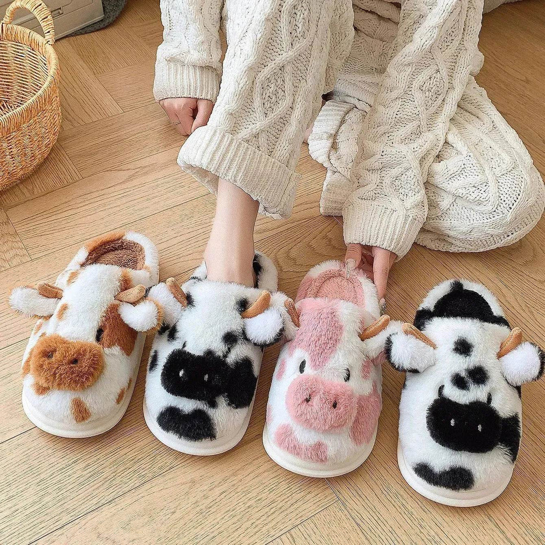 Cute Cartoon Cow Plush Slippers Winter Warm Indoor Bedroom Floor Fuzzy Slipper Couple Non-slip House Shoes - EX-STOCK Canada