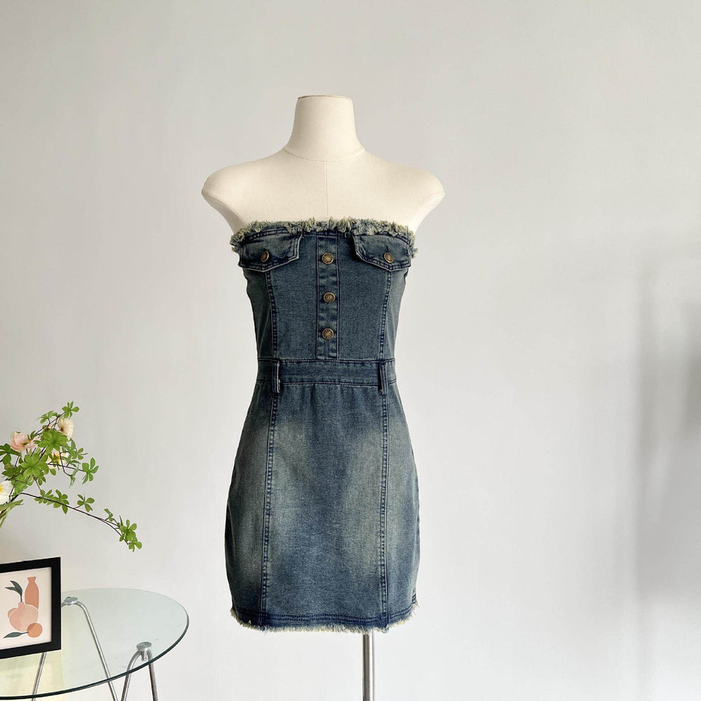Design Waist-tight Tube Top Raw Edge Denim jeans mini club Dress - EX-STOCK Canada