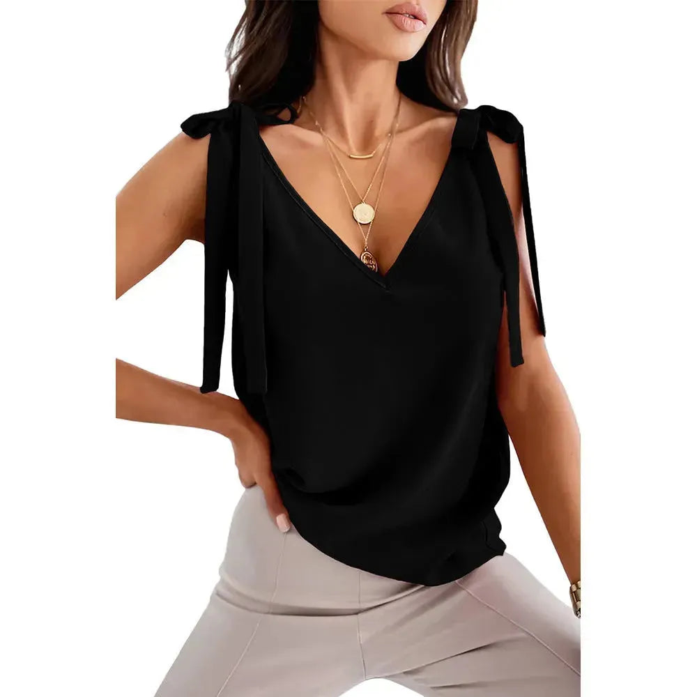 Bowknot Tie Up V-neck top Women Summer Sleeveless Blouse Tops - EX-STOCK CANADA