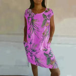 Casual Floral Printed Straight Dress Summer Loose Round Neck Short Sleeve Midi Dresses Womens Clothing - EX-STOCK CANADA