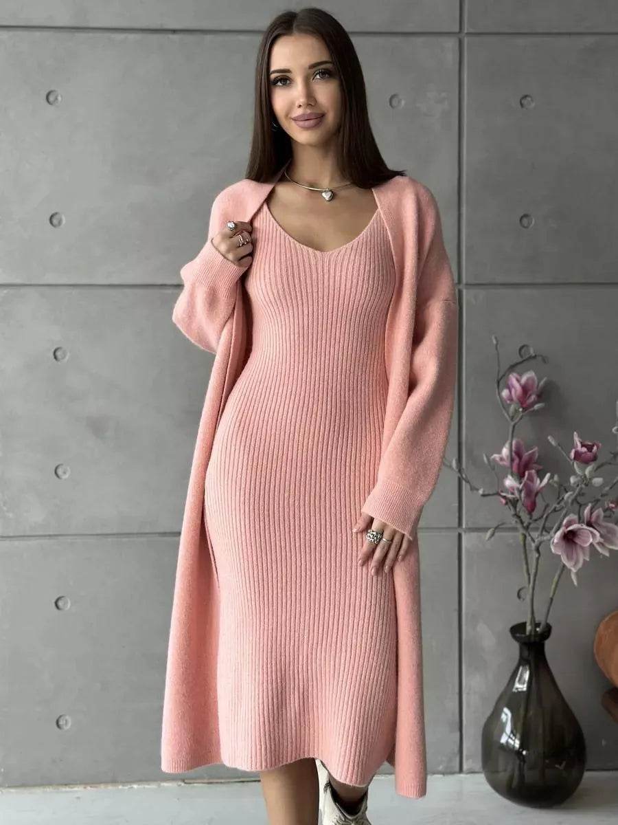 Women 2pcs Winter outfit set Long dress Cashmere Long Cardigan Jacket - EX-STOCK Canada