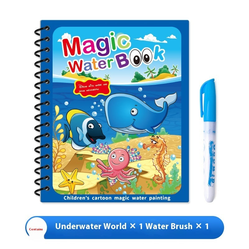 Children's magic water book with underwater world design and water brush on a white background