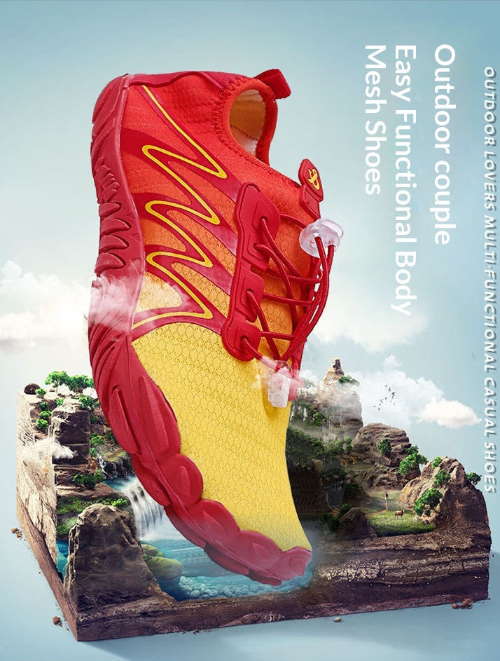 A red and yellow athletic mesh sneaker floating above a stylized landscape base, with vertical text on the right reading 'Outdoor couple Easy Functional Body Mesh Shoes'.