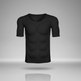 A white short-sleeve athletic compression shirt with 3D abdominal muscle panels, shown floating against a neutral gray studio background.