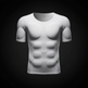 A white short-sleeve athletic compression shirt with a 3D abdominal muscle pump design, displayed on a dark gray gradient background.