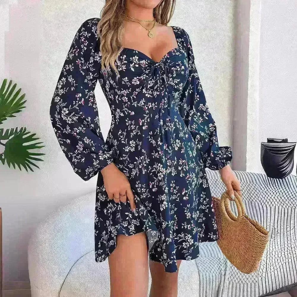 Casual Summer Floral Mini Dress Lantern Sleeve  Skater Dress - EX-STOCK CANADA