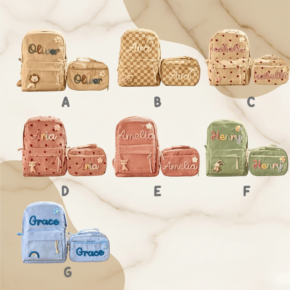Kids Corduroy Backpack & Lunch Bag Set – Handmade Chunky Yarn, 7 Colour Combos 