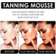 Advertisement for tanning mousse showing a woman's face with 'Before', 'Light Brown', and 'Dark Brown' tans.