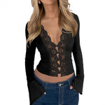 Slim V-neck Lace Button Shirt tank top Ins Fashion Trumpet Sleeve Long-sleeved Top Women Clothing - EX-STOCK CANADA