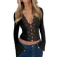 Slim V-neck Lace Button Shirt tank top Ins Fashion Trumpet Sleeve Long-sleeved Top Women Clothing - EX-STOCK CANADA