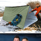 A three-panel collage showing a camping shelter tent. The top panel shows a close-up of the green fabric.