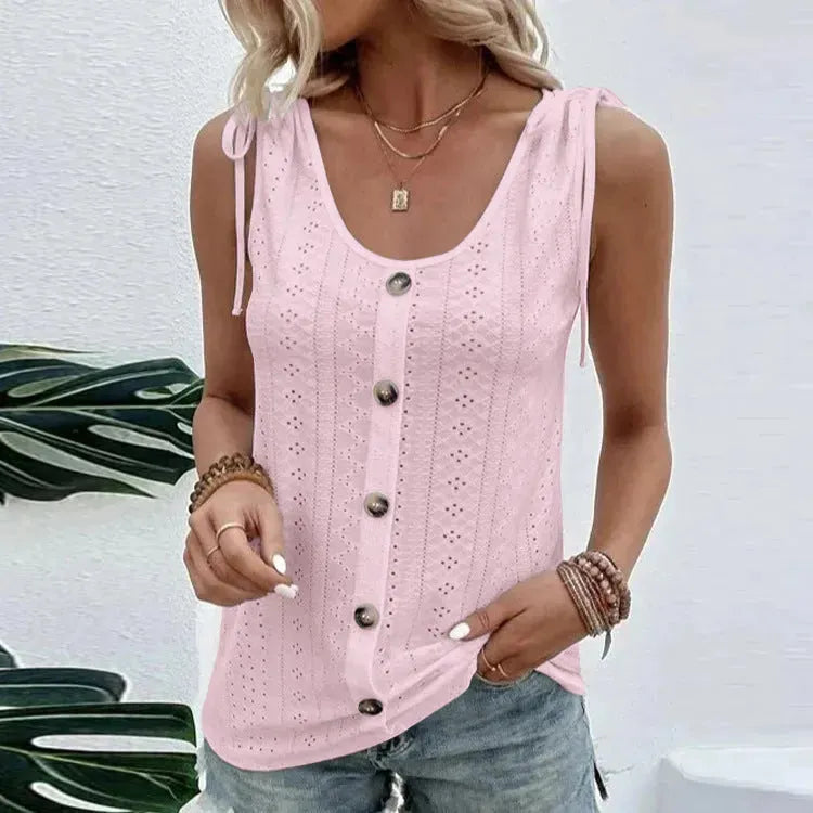 Casual summer U-neck Vest Women Shoulder With Bow Tie Summer blouse top - EX-STOCK CANADA