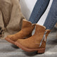 Brown suede ankle boots with fur lining worn by a person on a wooden floor.
