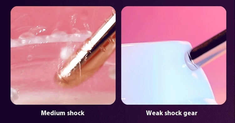 Two images showing a comparison of 'Medium shock' and 'Weak shock gear' on a pink background.