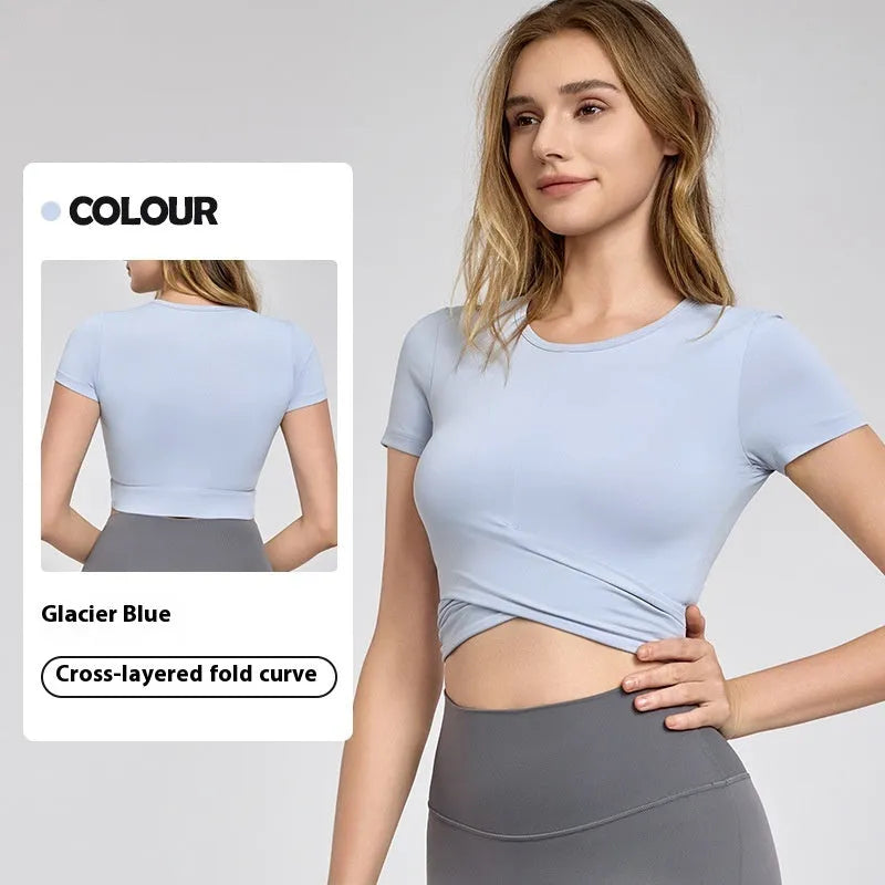 Cross Pleated Yoga Clothing Top Workout Clothes Short Sleeve - EX-STOCK CANADA