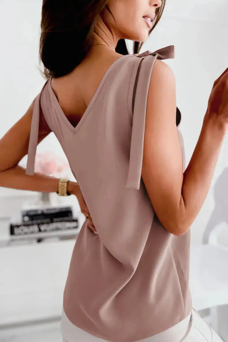Bowknot Tie Up V-neck top Women Summer Sleeveless Blouse Tops - EX-STOCK CANADA