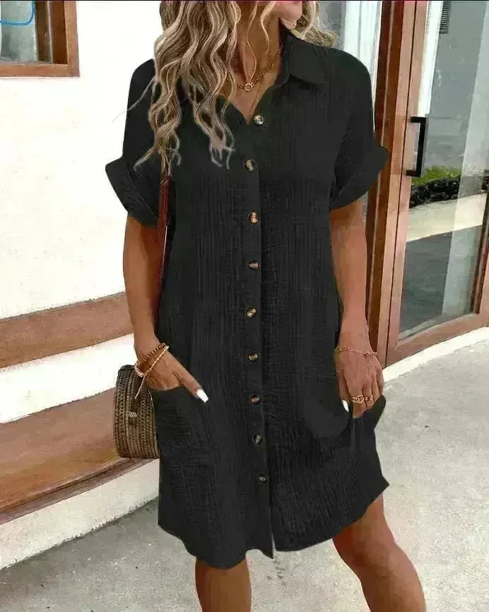 Womens Button Down Shirt Dress Summer Cotton Linen Dress V-Neck Mini Dress Casual Short Sleeve Loose Tunic Dresses - EX-STOCK CANADA