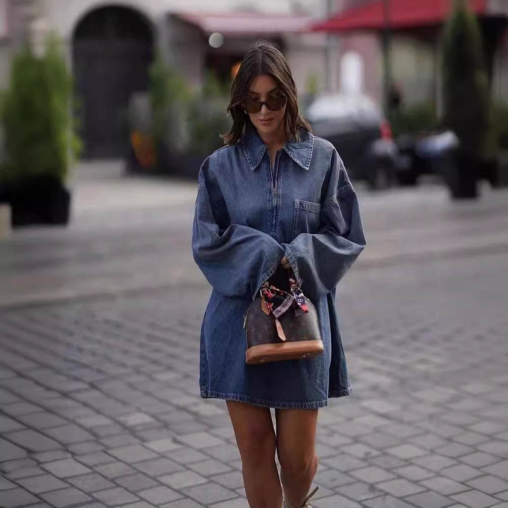 Lapel Patch Pocket Bell Sleeve Denim Dress - EX-STOCK Canada