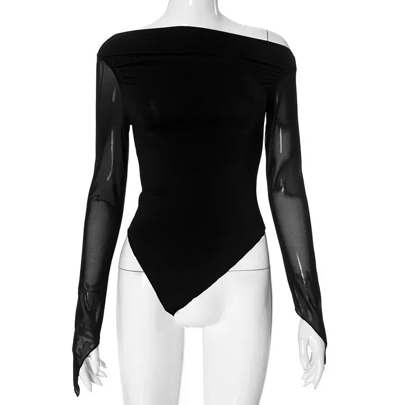 Slant shoulder Micro-transparent Irregular Bodycon top blouse  women - EX-STOCK CANADA