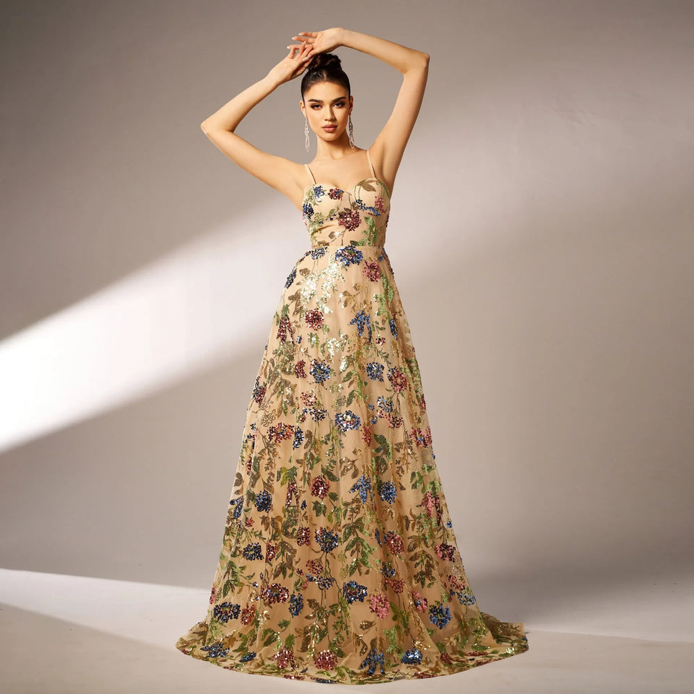 Elegant Sleeveless Sequined Suspender Maxi Evening Dress - EX-STOCK CANADA