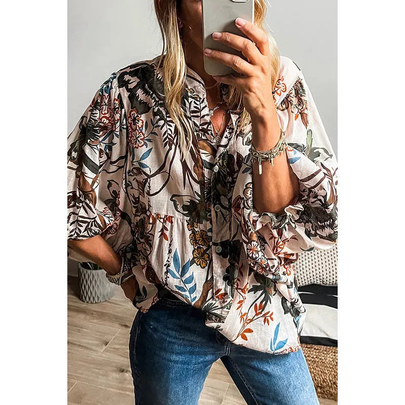 Spring Summer All-match Floral Print loose Linen blouse Shirt For Women - EX-STOCK CANADA
