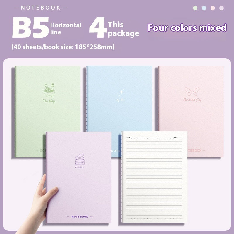 Four colorful notebooks with different designs on a light purple background