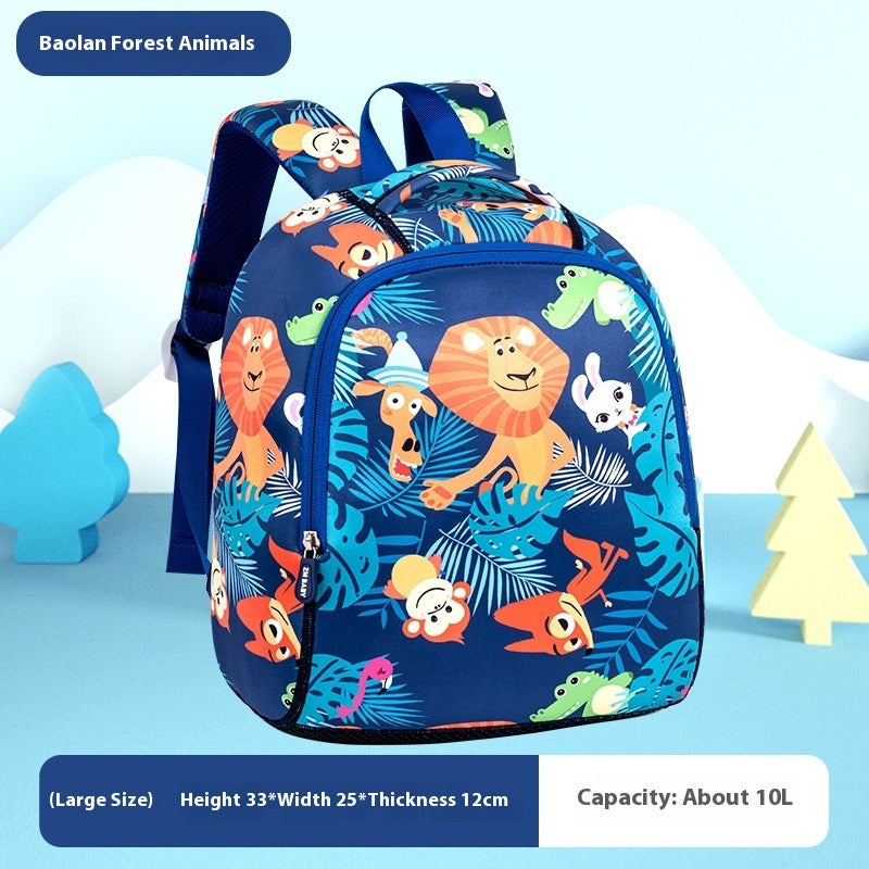 A children's backpack with a colorful cartoon animal print featuring lions, monkeys, foxes, and dinosaurs on a dark blue background. The image includes promotional text overlays at the top and bottom, and stylized blue and yellow tree props on a light blue background.